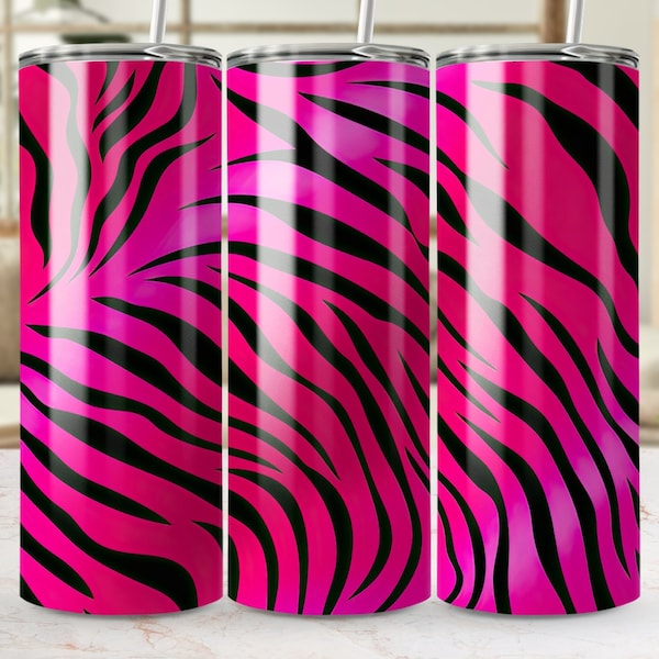 Pink and Black Zebra Stripe Tumbler Wrap 20oz Skinny Design Seamless Sublimation PNG Template for DIY Crafts and Projects