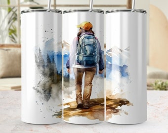 Envoltório de copo para caminhante de aventura, PNG skinny sem costura de 20 onças, modelo de sublimação para caminhadas na montanha, design de copo de viagem para explorador ao ar livre