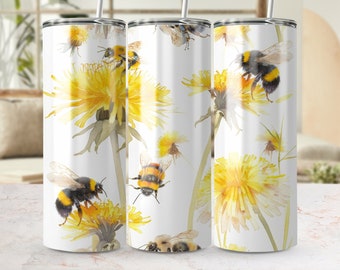 Bumblebee Floral Tumbler Wrap Design, Naadloze 20oz Skinny PNG-sublimatiesjabloon, op de natuur geïnspireerde drinkware-kunst