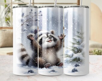 Winter Raccoon Tumbler Wrap, 20oz Skinny Sublimation Design, Besneeuwde scène met schattige dieren, Naadloze PNG-sjabloon voor DIY Tumblers