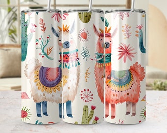 Papier lunatique lama et cactus, design en sublimation sans couture maigre 20 oz, alpaga coloré PNG, accessoire verres bohème désert