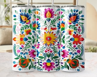 Floral Folk Art 20oz Skinny Tumbler Wrap, Naadloos Pools Geïnspireerd Ontwerp, PNG Sublimatie Sjabloon, Levendige DIY Tumbler Decoratie