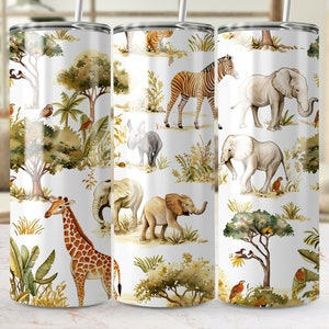 African Safari Animals Tumbler Wrap - Seamless 20oz Skinny Sublimation Template, Giraffe Elephant Zebra Design, PNG Digital Download