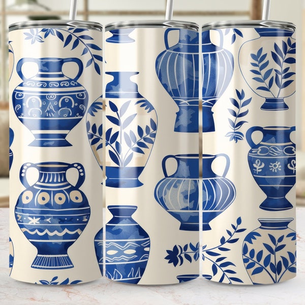 Blue and White Vase Pattern 20oz Skinny Tumbler Wrap, Seamless Greek Pottery Design, Sublimation Template PNG, Elegant Drinkware Accessory