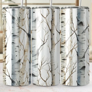Birkenwald Tumbler Design, 20 Unzen Skinny Sublimation PNG Wrap, Nahtlose Natur inspirierte Tumbler Vorlage, Rustikales Woodland Trinkgeschirr