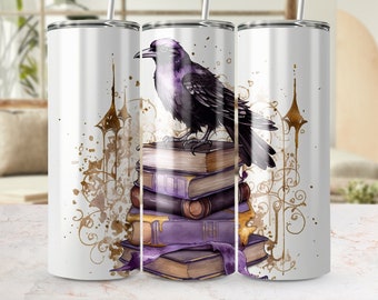 Papier gobelet sur le thème corbeau et livres anciens, Sublimation PNG maigre Style vintage 20 oz, modèle de gobelet sans couture amateur de café