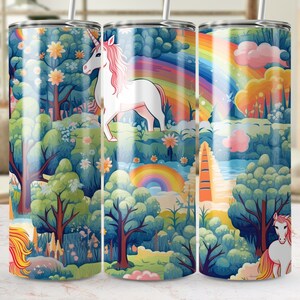 Enchanted Forest Unicorn Rainbow 20oz Skinny Tumbler Wrap, Naadloos Sublimatie Ontwerp PNG, Magisch Landschap Tumbler Sjabloon