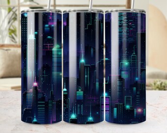 Envoltura de vaso de paisaje urbano de neón, plantilla de sublimación delgada de 20 oz, PNG sin costuras, descarga digital, diseño de horizonte urbano, noche de ciudad vibrante