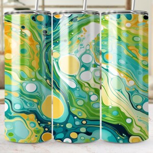 Abstract Swirls 20oz Skinny Tumbler Wrap, Yellow Green Blue PNG Sublimation Template, Seamless Design for Drinkware