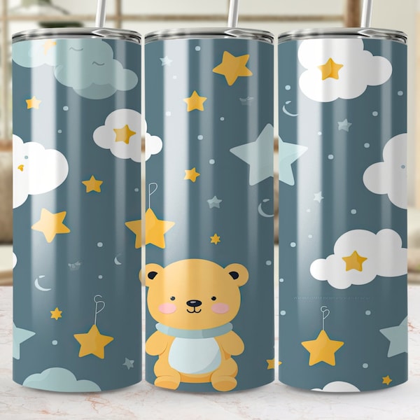 Süßer Bär und Sterne Nahtlose 20 Unzen Skinny Tumbler Wrap, Sublimationsvorlage Digitale Datei, kinderfreundliches Design für individuelle Becher