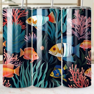 Tropical Fish Coral Reef Seamless 20oz Tumbler Wrap, Underwater Scene Sublimation Design, Ocean Life Skinny Tumbler Template PNG