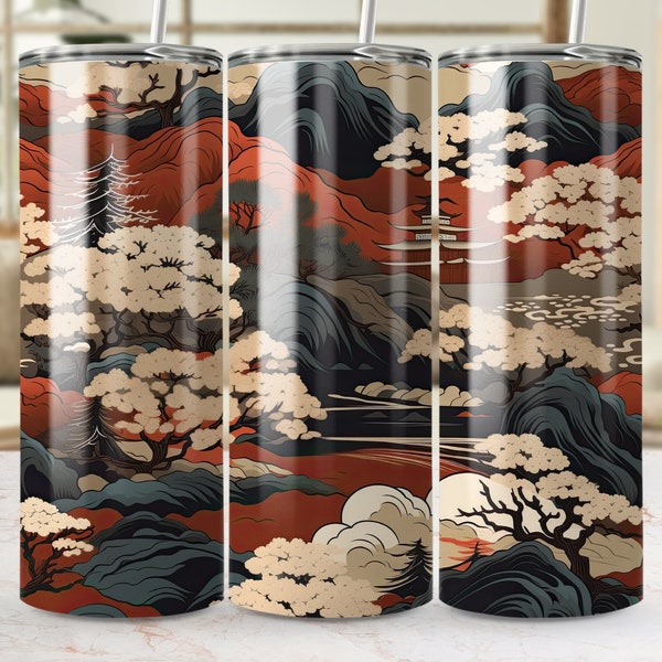 Japanischer Landschafts-Becher Wrap, 20 Unzen Skinny Sublimation PNG, nahtloses Berg- und Kirschblüten-Design, asiatisch inspirierte Trinkgefäß-Vorlage