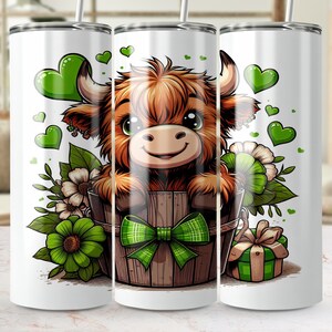 Adorable Highland Cow with Flowers Seamless Tumbler Design, Cute Animal 20oz Skinny Tumbler Wrap, PNG Digital Download for Sublimation