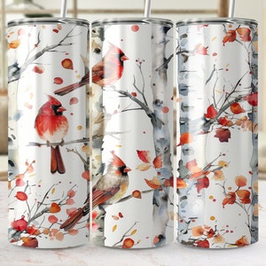 Watercolor Cardinal Birds 20oz Skinny Tumbler Wrap, Seamless PNG Sublimation Template, Nature Inspired Drinkware Design, Digital Download