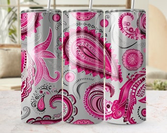 Roze Paisley patroon naadloze 20oz mager Tumbler Wrap sublimatie ontwerp digitale Download PNG sjabloon Drinkware accessoire