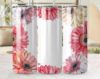 Conception florale d’enveloppement de gobelet, modèle maigre sans couture de 20 oz, sublimation PNG Gerbera Daisy, gobelet de fleurs d’été de printemps, cadre artisanal de bricolage