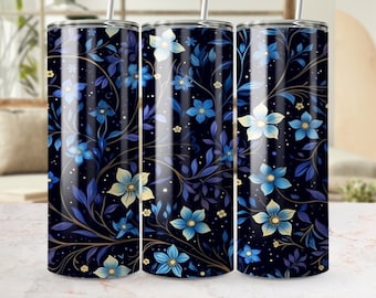 Midnight Blue Floral Tumbler Wrap Design, Naadloze 20oz Skinny Sublimatie Sjabloon, Boho Chic Drinkware Accessoire, Digitale Download PNG