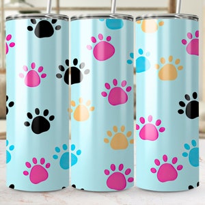 Colorful Paw Print Pattern Skinny Tumbler Wrap, 20oz Seamless Sublimation Design, Pet Lover Gift, Digital Download, PNG Template for DIY