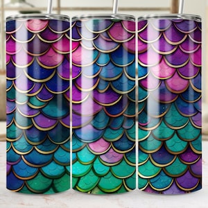 Mermaid Scale Tumbler Wrap, Colorful Fish Scales Sublimation Design, 20oz Skinny Seamless PNG, DIY Drinkware Decoration, Unique Gift Idea