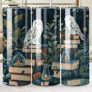 Snowy Owls and Vintage Books Tumbler Wrap, Seamless 20oz Skinny Design, Night Owl Sublimation Template, PNG Download, Magical Drinkware Art