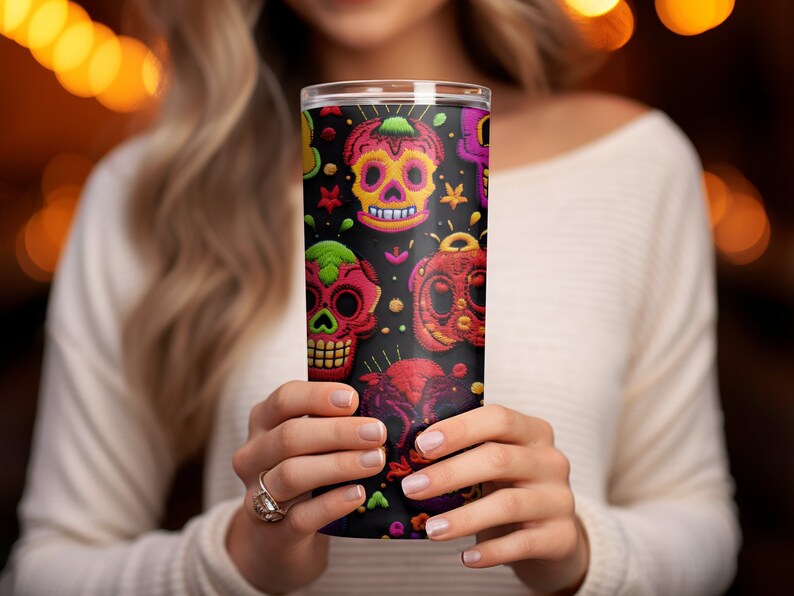 Vibrant Mexican Sugar Skulls Embroidery Seamless 20oz Skinny Tumbler