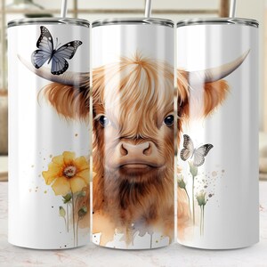 Highland Cow and Butterflies Tumbler Wrap, Floral Skinny Sublimation Design, Seamless Tumbler PNG, Digital Download, Rustic Farmhouse Decor