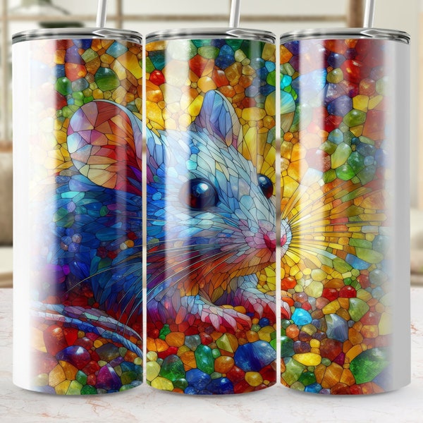 Colorful Stained Glass Mouse Tumbler Design, Seamless 20oz Skinny Sublimation Wrap, Digital PNG Download, Vibrant Rodent Graphics