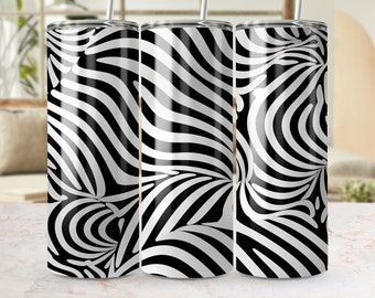 Abstrato Zebra Stripes 20oz Skinny Tumbler Wrap, Design de Sublimação Sem Costura, Padrão de Onda Preto Branco, Download Digital Modelo PNG