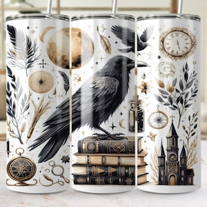 May include: Three stainless steel tumblers with a white background and black and gold illustrations. The tumblers feature a raven, a stack of books, a compass, a clock, and other mystical imagery.