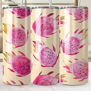 Watercolor Dragon Fruit Pattern Seamless Tumbler Wrap, 20oz Skinny Sublimation Design, Tropical Fruit PNG Template for Drinkware