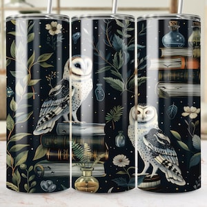 Enchanted Owls and Vintage Books Tumbler Wrap, Seamless 20oz Skinny Sublimation Design, Magical Nighttime Forest PNG Template