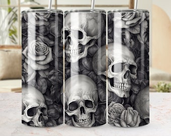 Gotische schedels en rozen naadloze Tumbler Wrap, 20oz Skinny Sublimation Design PNG, Dark Floral Digital Download voor Tumbler Crafting, DIY