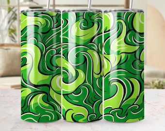 Arte abstrata redemoinho verde 20 onças envoltório de copo magro, modelo de sublimação PNG sem costura, design de copo vibrante, download instantâneo
