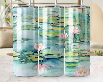 Aquarel Lotus vijver naadloze Tumbler Wrap, 20oz mager sublimatie ontwerp, PNG downloaden, rustige natuur bloemen Tumbler sjabloon