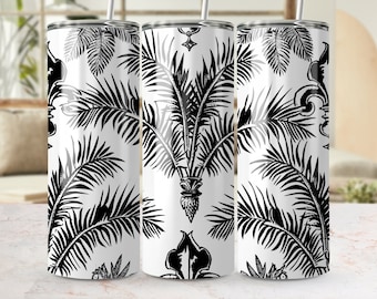 Feuilles de palmier tropical sans couture 20 oz skinny gobelet Wrap PNG, modèle de conception de sublimation, gobelet motif exotique noir et blanc
