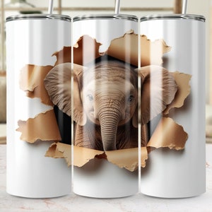 Elefante effetto 3D carta strappata senza soluzione di continuità 20oz Skinny Tumbler Wrap, modello di sublimazione, stampa di animali esotici, file digitale PNG