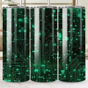 Cyberpunk Circuit Board Tumbler Wrap, Green Neon Tech Seamless Design, 20oz Skinny Sublimation Template for DIY Crafting and Personal Use