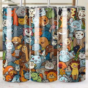 Cartoon-Tiermuster-nahtlose Becherverpackung, niedliches 20 Unzen dünnes Sublimationsdesign, bunte Kinder-Trinkgeschirr PNG-Vorlage