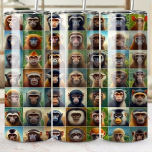 May include: A stainless steel tumbler with a colorful pattern of monkeys. The tumbler is insulated and has a lid.