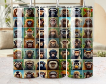 Emballage de verres minces coloré de visages de singe, 20 oz, Sublimation transparente Design PNG, téléchargement numérique, modèle de gobelet imprimé animal