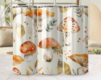 Autumn Mushroom Tumbler Wrap, Naadloze 20oz Skinny Template, Botanische PNG-sublimatie, Fall Fungi Drinkware Design, Natuur geïnspireerd