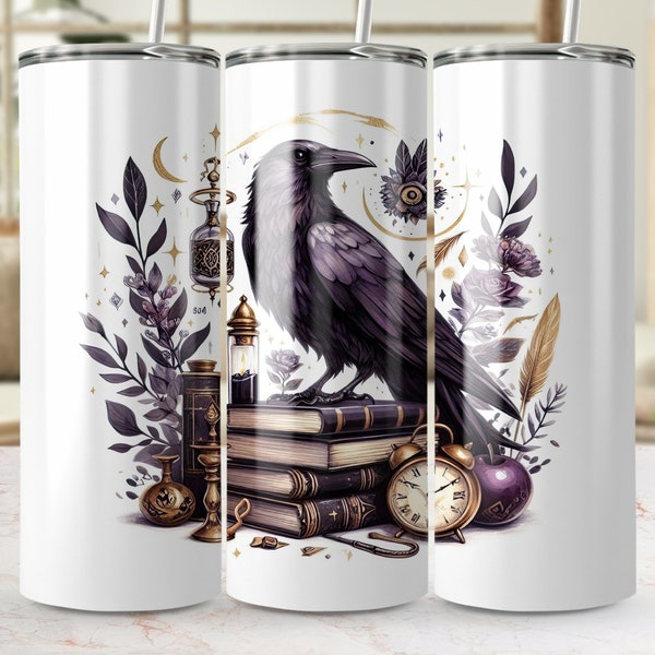 Raven and Vintage Books Tumbler Design, Antique Clock and Floral Elements, Seamless 20oz Skinny Tumbler Wrap PNG Sublimation Template