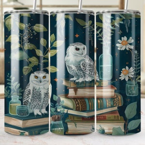 Mystical Owl and Books Tumbler Design, 20oz Skinny Wrap, Seamless Sublimation PNG, Night Reader&#39;s Gift, Magic Forest Digital Template