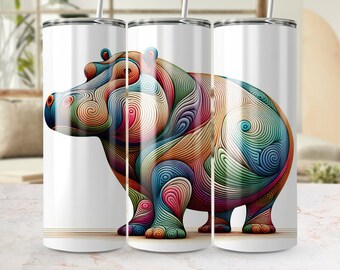 Kleurrijke Swirl Nijlpaard 20oz Skinny Tumbler Wrap, Naadloos Sublimatie Ontwerp, Digitale Download PNG, Levendige Dieren Tumbler Sjabloon