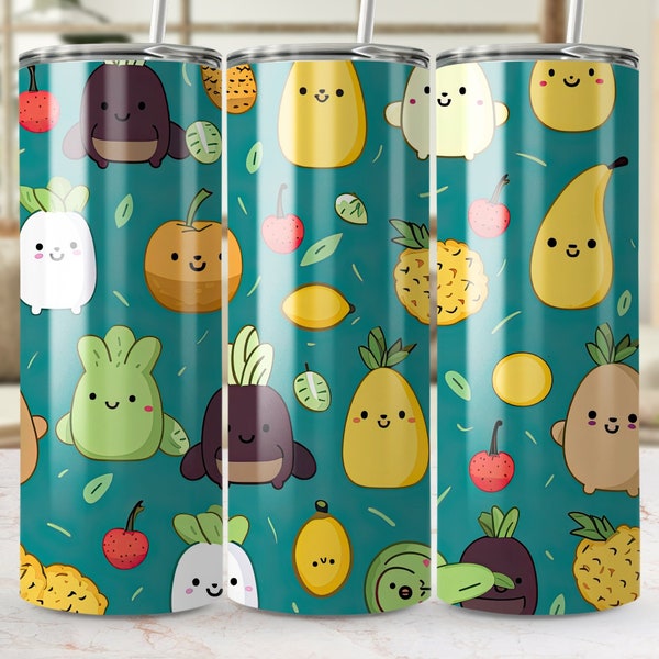 Adorable Fruit Characters 20oz Tumbler Wrap, Cute Digital Design Seamless Full Wrap, Sublimation PNG Instant Download,Tropical Fruit Pattern