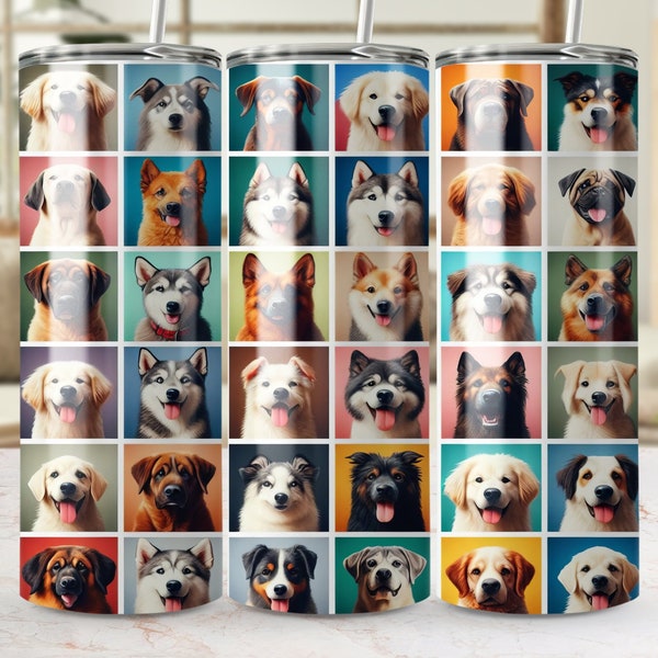 Adorable Dog Faces 20oz Skinny Tumbler Wrap, Canine Lover Sublimation Design, Seamless PNG Template for Pet Fans, Vibrant Drinkware