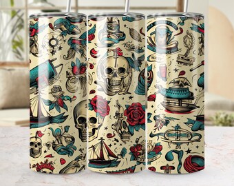 Envoltório de copo de caveiras e rosas náuticas, design perfeito de 20 onças, inspirado em tatuagem de marinheiro, modelo de sublimação PNG para bebidas