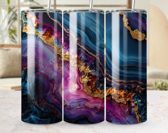 Abstrato Ágata Geode Design 20 onças Skinny Tumbler Wrap Sublimação PNG Luxo Ouro Roxo Gemstone Art Digital Download
