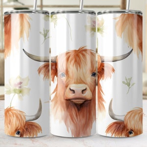 Highland Cow Tumbler Wrap, Watercolor Cattle 20oz Skinny Sublimation Design, Seamless Tumbler Template, Cute Farm Animal Drinkware PNG