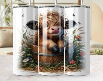 Schattige Highland Cow Tumbler Wrap, Schattige dieren 20oz Skinny Sublimatie Sjabloon, Naadloze Full Wrap PNG, Digitale Download, Boerderijstijl